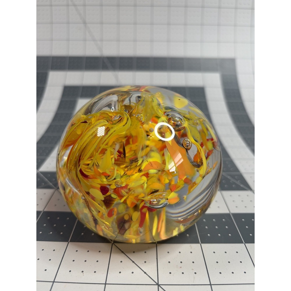 Large Art Glass Yellow & Orange Swirl Paperweight 3.25" x 3.75" Marked W3 2013 - Picture 3 of 6